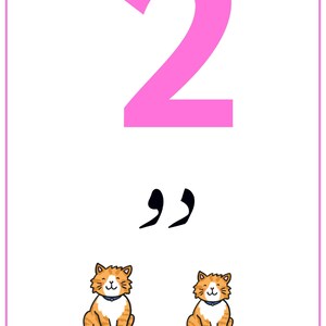 K&ouml;nnte beinhalten: Eine rechteckige Lernkarte mit einer gro&szlig;en rosa Zahl 2 oben, dem arabischen Wort f&uuml;r zwei in schwarzer Schrift darunter und zwei illustrierten orange-wei&szlig;en getigerten Katzen, die nebeneinander sitzen, alles in einem rosa Rahmen.