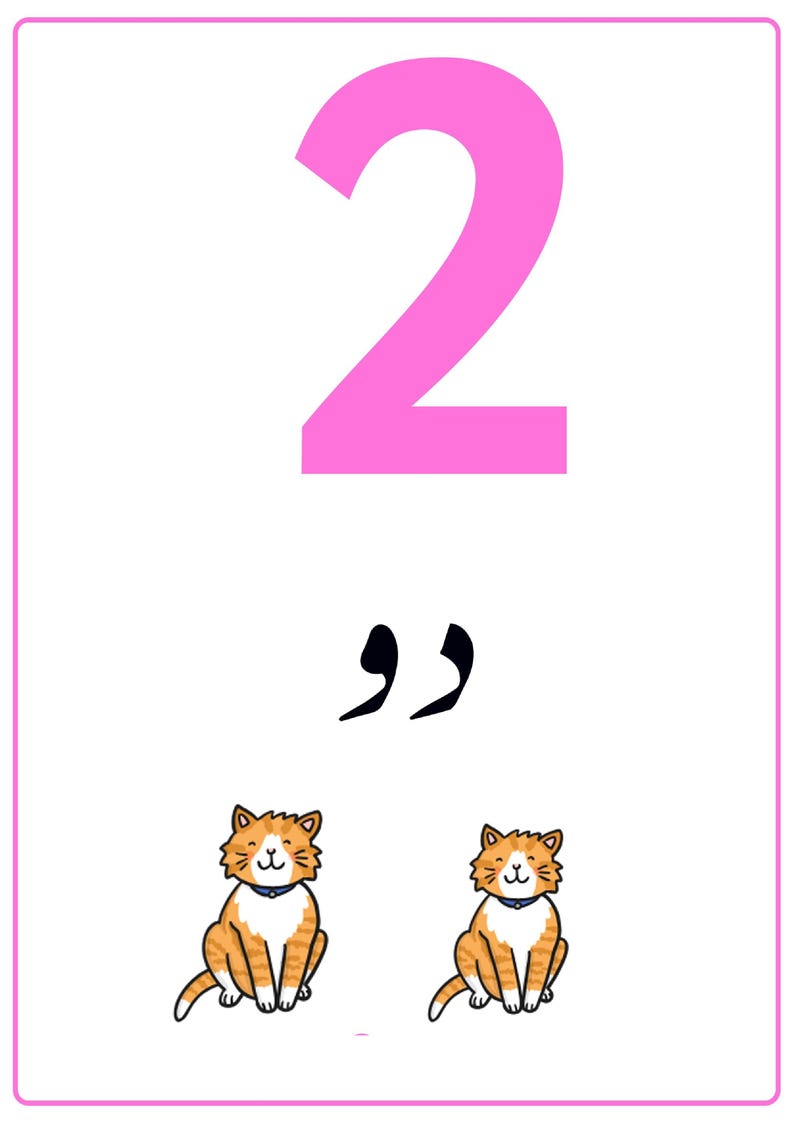 K&ouml;nnte beinhalten: Eine rechteckige Lernkarte mit einer gro&szlig;en rosa Zahl 2 oben, dem arabischen Wort f&uuml;r zwei in schwarzer Schrift darunter und zwei illustrierten orange-wei&szlig;en getigerten Katzen, die nebeneinander sitzen, alles in einem rosa Rahmen.