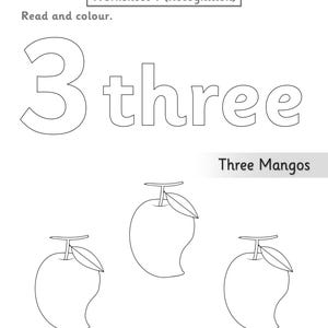 Puede incluir: Una hoja de trabajo educativa en blanco y negro titulada Worksheet 1 (Recognition) con el n&uacute;mero 3 y la palabra three en fuente de contorno. El texto Three Mangos aparece sobre tres ilustraciones de l&iacute;nea de mangos con tallos y hojas.