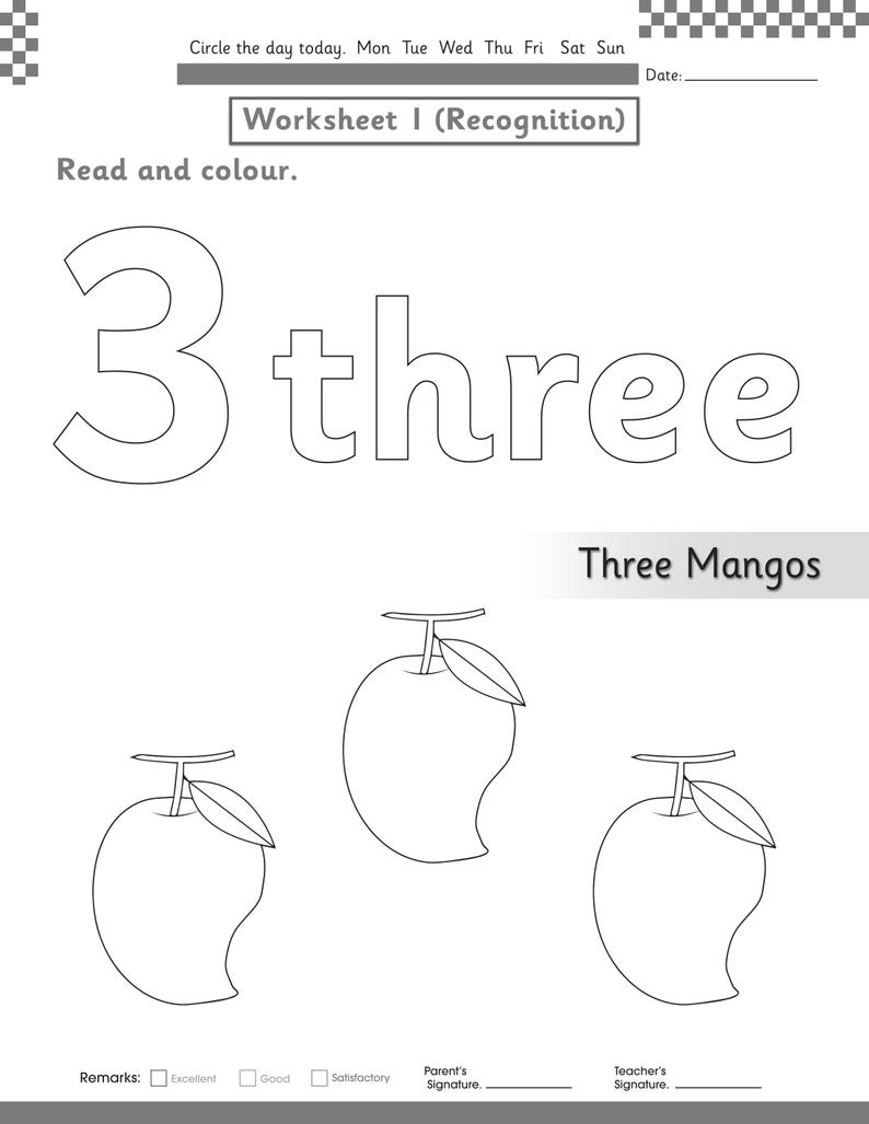 Puede incluir: Una hoja de trabajo educativa en blanco y negro titulada Worksheet 1 (Recognition) con el n&uacute;mero 3 y la palabra three en fuente de contorno. El texto Three Mangos aparece sobre tres ilustraciones de l&iacute;nea de mangos con tallos y hojas.