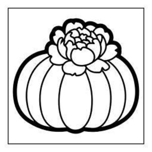 A line drawing of a pumpkin with a large, detailed flower on top.