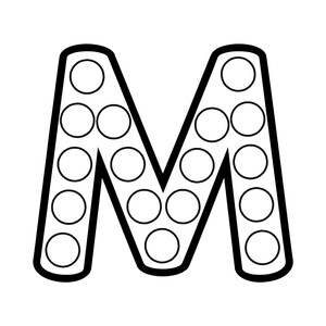 Black and white outline of the uppercase letter M filled with circular dot marker spaces.