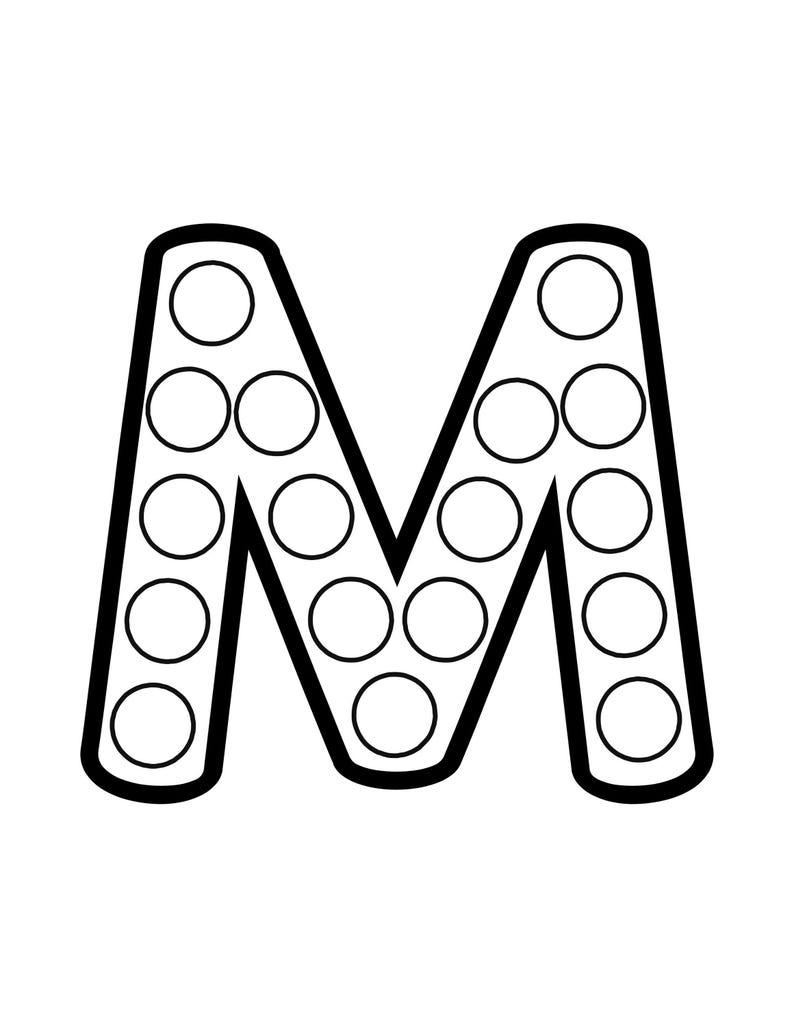 Black and white outline of the uppercase letter M filled with circular dot marker spaces.