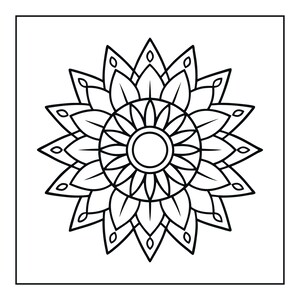 Pu&ograve; includere: Un'illustrazione in bianco e nero a tratto di un disegno mandala simmetrico. Il motivo presenta un cerchio centrale circondato da strati di petali appuntiti a forma di foglia disposti in una formazione a stella radiale con contorni netti.