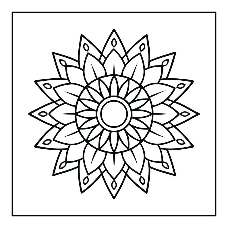 Pu&ograve; includere: Un'illustrazione in bianco e nero a tratto di un disegno mandala simmetrico. Il motivo presenta un cerchio centrale circondato da strati di petali appuntiti a forma di foglia disposti in una formazione a stella radiale con contorni netti.