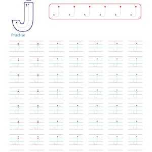 以下が含まれることがあります： 小文字の「j」を書く練習をするための学習用ワークシート。番号付きの方向矢印が付いた大きな青い「j」、点線で描かれた6つの「j」の例、そして灰色のガイド線が引かれた8行の練習用スペースで構成されています。