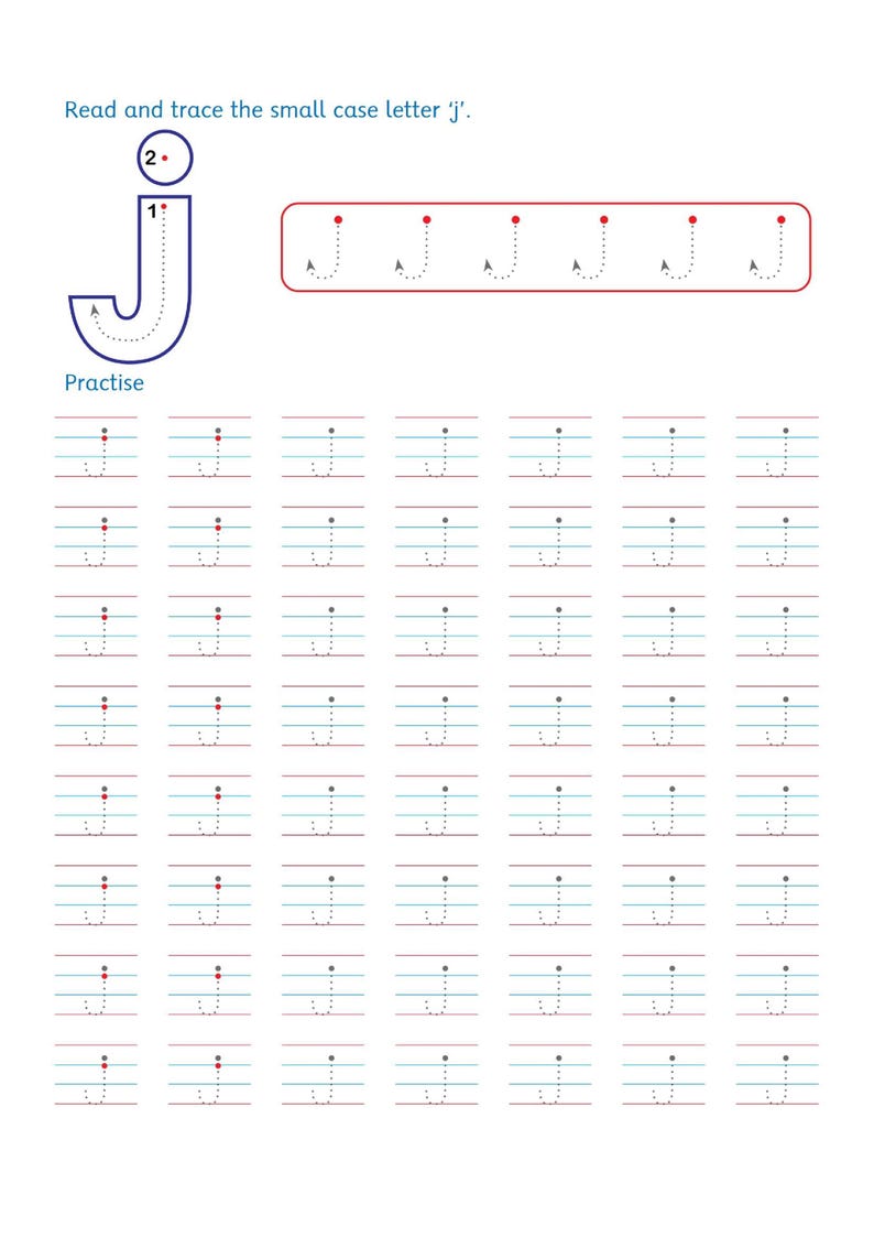 以下が含まれることがあります： 小文字の「j」を書く練習をするための学習用ワークシート。番号付きの方向矢印が付いた大きな青い「j」、点線で描かれた6つの「j」の例、そして灰色のガイド線が引かれた8行の練習用スペースで構成されています。