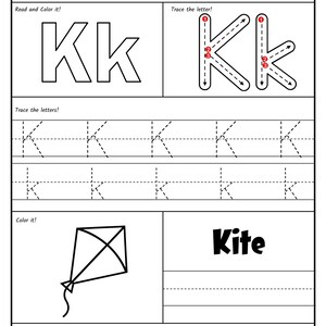 A black-and-white alphabet worksheet for the letter K featuring stroke order guides, uppercase and lowercase tracing lines, a coloring picture of a kite, and a letter recognition activity at the bottom.