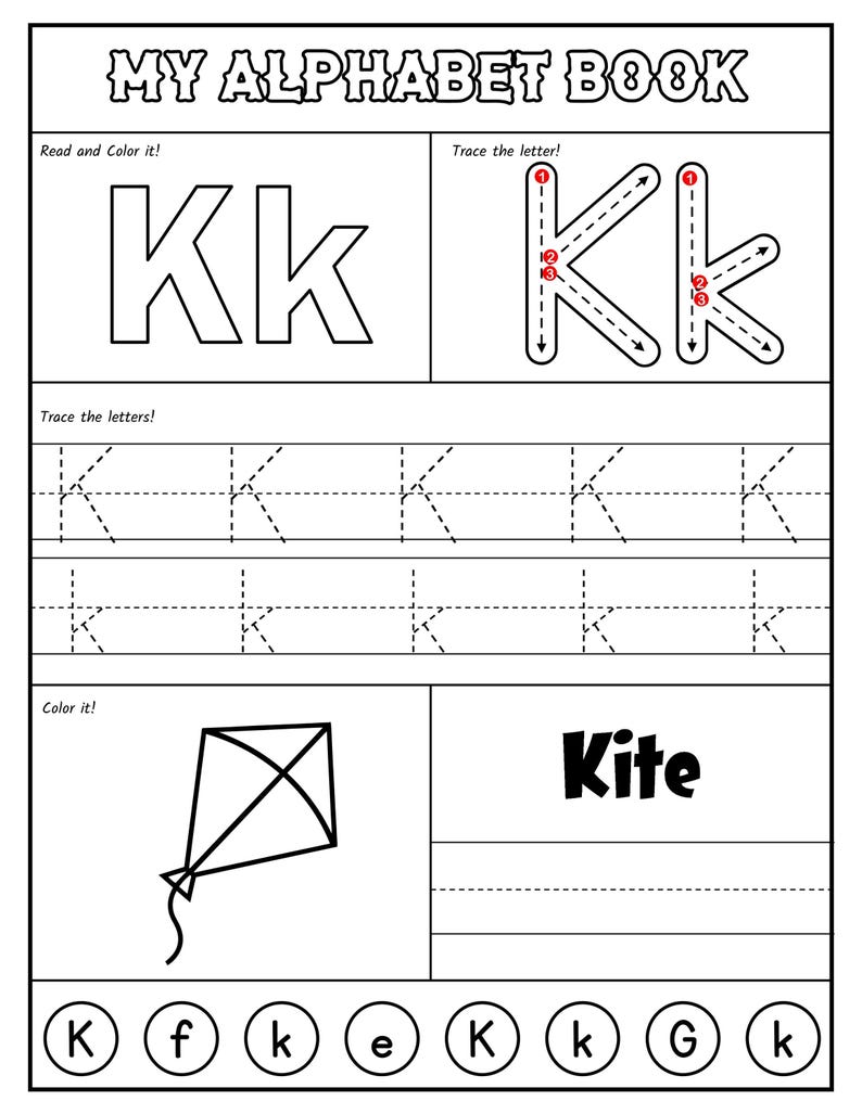 A black-and-white alphabet worksheet for the letter K featuring stroke order guides, uppercase and lowercase tracing lines, a coloring picture of a kite, and a letter recognition activity at the bottom.