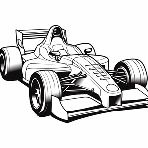 A black and white coloring page of a modern race car with a large rear wing.