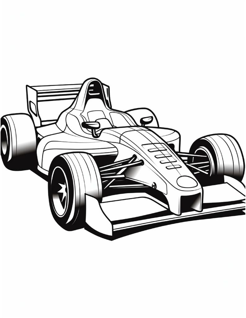 A black and white coloring page of a modern race car with a large rear wing.