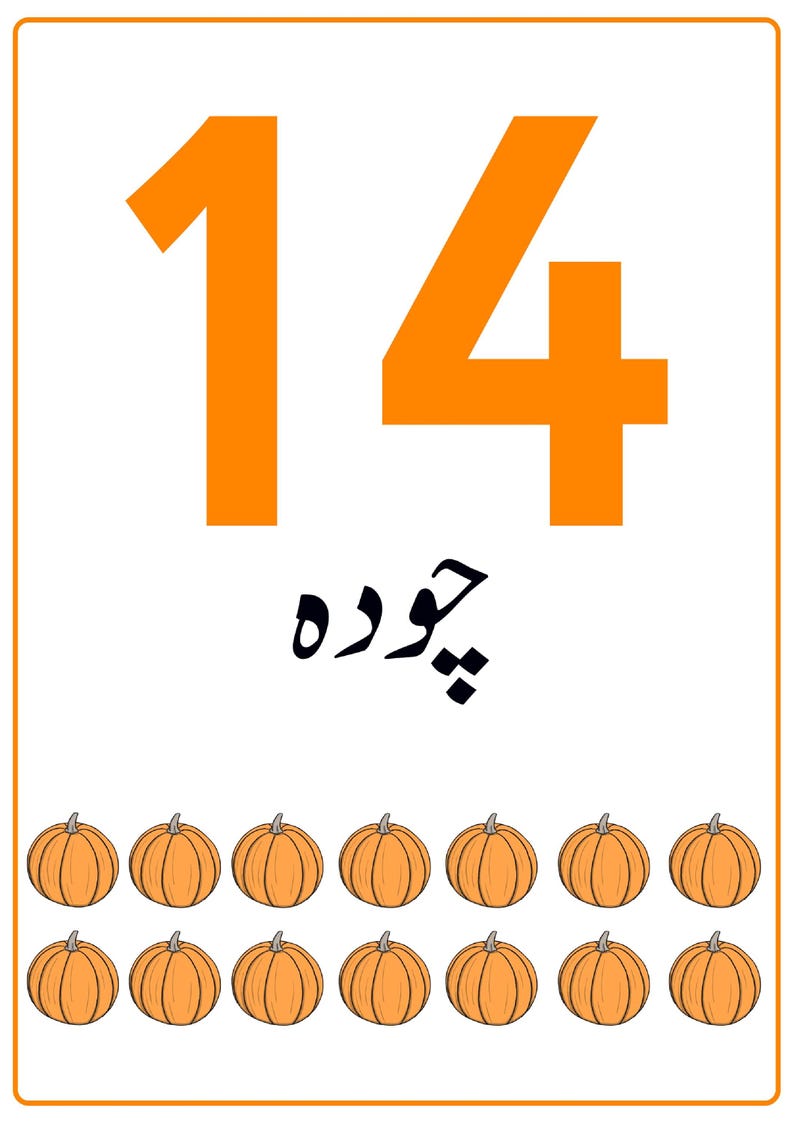 K&ouml;nnte beinhalten: Eine wei&szlig;e Lernkarte mit der gro&szlig;en orangefarbenen Zahl 14 im oberen Bereich, gefolgt von Text in einer nicht-lateinischen Schrift und zwei Reihen mit je sieben orangefarbenen K&uuml;rbisillustrationen, umrandet von einem d&uuml;nnen orangefarbenen Rahmen.
