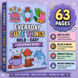 Livre de coloriage de 63 pages sur les objets du quotidien, motifs simples et audacieux (téléchargement numérique) image 1