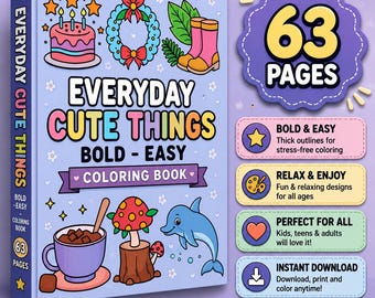 Livre de coloriage de 63 pages sur les objets du quotidien, motifs simples et audacieux (téléchargement numérique)