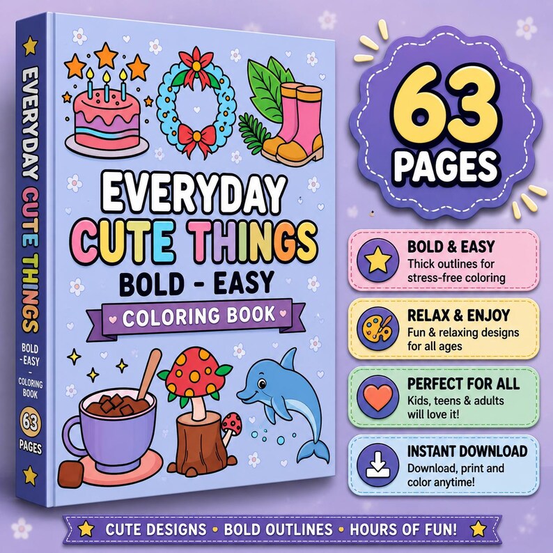 Livre de coloriage de 63 pages sur les objets du quotidien, motifs simples et audacieux (téléchargement numérique) image 1