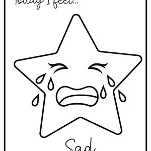 A printable flashcard featuring a sad star face crying tears, labeled Today I feel... and Sad.