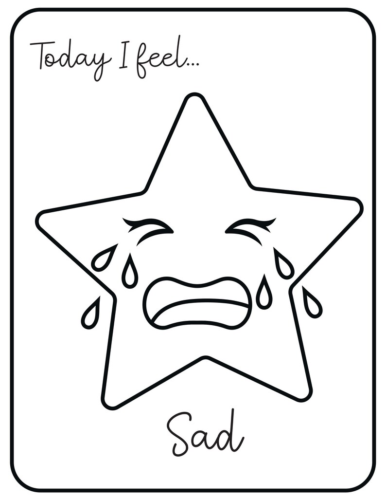 A printable flashcard featuring a sad star face crying tears, labeled Today I feel... and Sad.