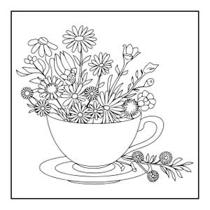 A line drawing of a teacup and saucer filled with various flowers and leaves.