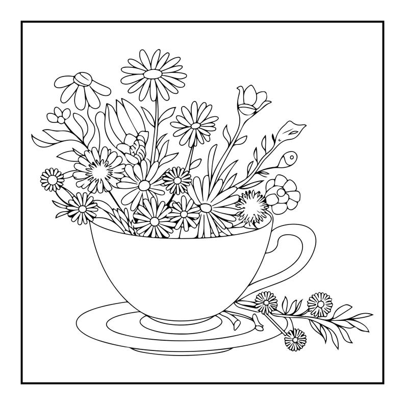A line drawing of a teacup and saucer filled with various flowers and leaves.