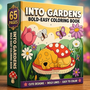 Into Gardens – Ein mutiges und einfaches Malbuch | Welpen, Blumen, Schmetterlinge (Digitaler PDF-Download) Bild 1