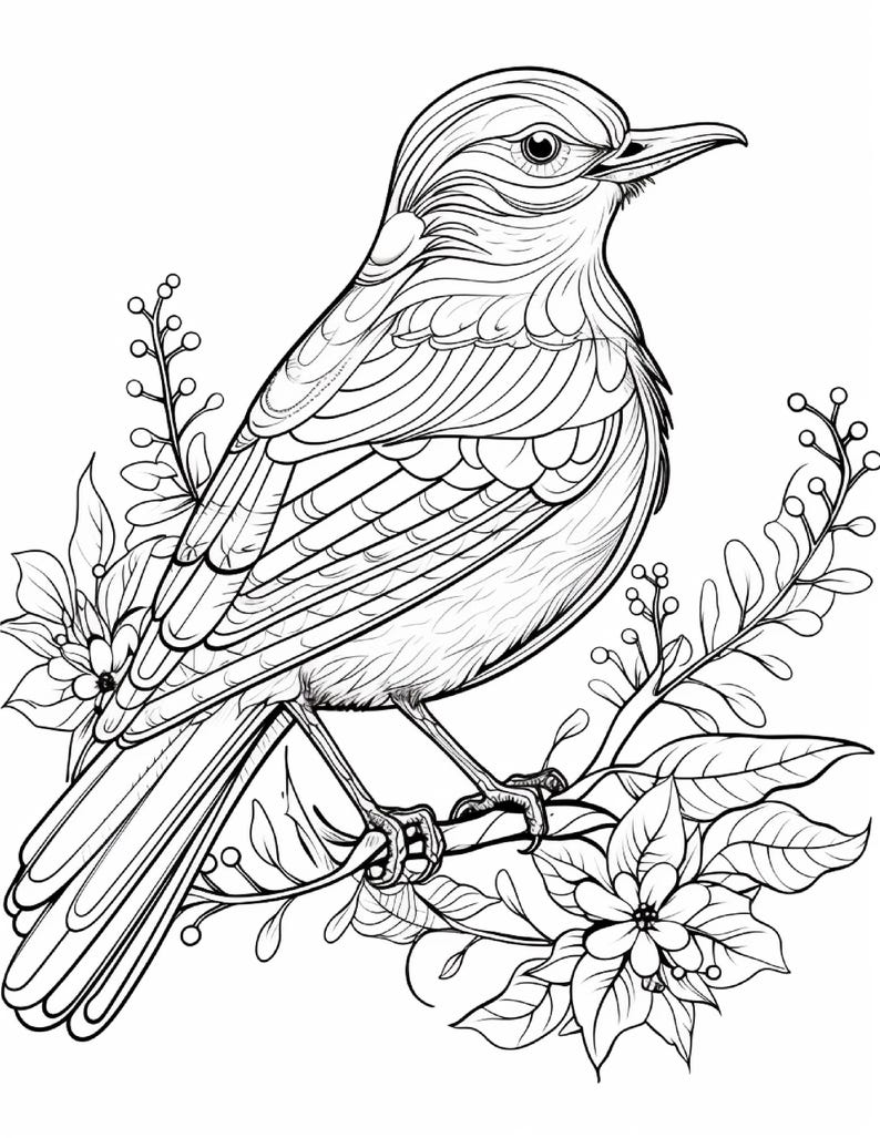 May include: A black and white line art illustration of a bird perched on a branch. The bird features intricate feather patterns and is surrounded by stylized leaves, small berries, and a flower. The design is clean with bold outlines.