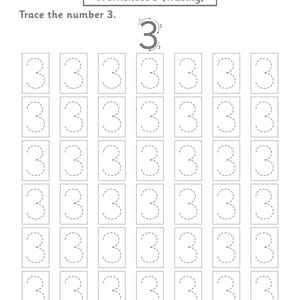 Puede incluir: Una hoja de ejercicios educativa en blanco y negro titulada Worksheet 3 (Tracing) que presenta un n&uacute;mero 3 grande en la parte superior con flechas direccionales y seis filas de siete recuadros rectangulares con el n&uacute;mero 3 en l&iacute;neas punteadas.