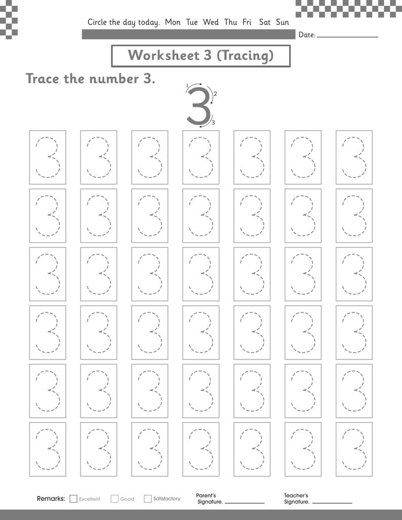 Puede incluir: Una hoja de ejercicios educativa en blanco y negro titulada Worksheet 3 (Tracing) que presenta un n&uacute;mero 3 grande en la parte superior con flechas direccionales y seis filas de siete recuadros rectangulares con el n&uacute;mero 3 en l&iacute;neas punteadas.