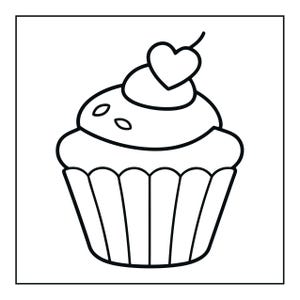 May include: A black and white line art drawing of a cupcake featuring a heart-shaped topping on the frosting. The cupcake has a fluted paper liner and a smooth, rounded top with small oval sprinkles, presented as a simple graphic illustration.