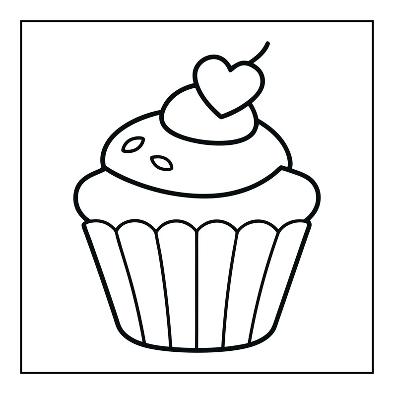 May include: A black and white line art drawing of a cupcake featuring a heart-shaped topping on the frosting. The cupcake has a fluted paper liner and a smooth, rounded top with small oval sprinkles, presented as a simple graphic illustration.