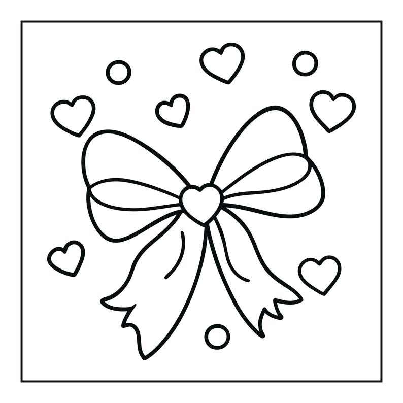 Peut inclure: Une illustration en noir et blanc au trait repr&eacute;sentant un n&oelig;ud d&eacute;coratif central avec un c&oelig;ur au milieu. Le motif est entour&eacute; de plusieurs petits c&oelig;urs et de points circulaires, le tout enferm&eacute; dans un cadre carr&eacute; simple.