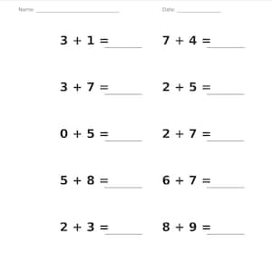 May include: A white educational worksheet titled Addition &bull; Single Digit with a gray header. It features ten single-digit addition problems with blank lines for answers, plus spaces for Name and Date. The bottom text reads Single Digit Addition Practice and Page 5 of 100.