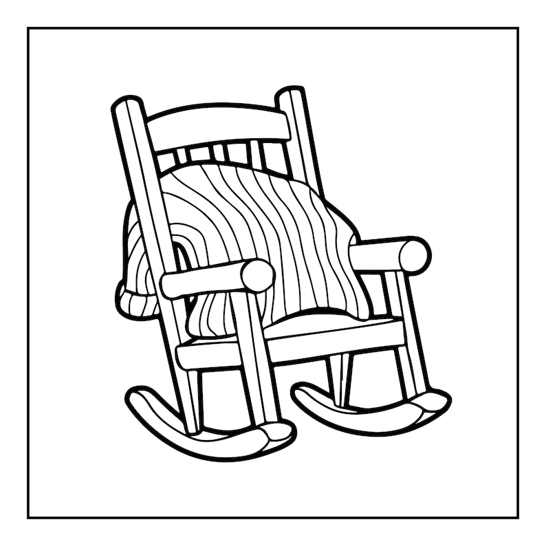 May include: A black and white line art illustration of a wooden rocking chair with a striped blanket draped over the backrest and seat. The chair features a slatted back, curved rockers, and armrests, rendered in a simple, clean graphic style.