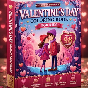 A red-bound coloring book titled "Valentine's Day Coloring Book for Kids" with a cartoon couple, hearts, and text "98 Added Pages" on the cover.