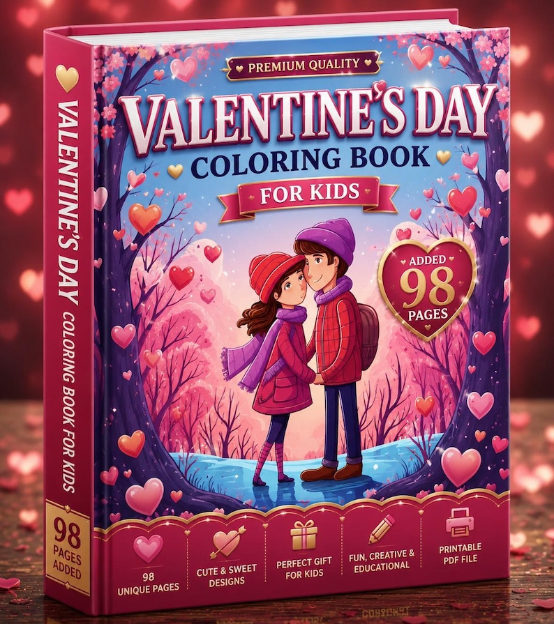A red-bound coloring book titled "Valentine's Day Coloring Book for Kids" with a cartoon couple, hearts, and text "98 Added Pages" on the cover.