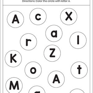 May include: A black and white educational worksheet titled Find The Letters with the instruction Color the circle with letter A. The page features a grid of circles containing various uppercase and lowercase letters including A, C, X, r, a, I, K, Z, t, M, o, A, a, and u.