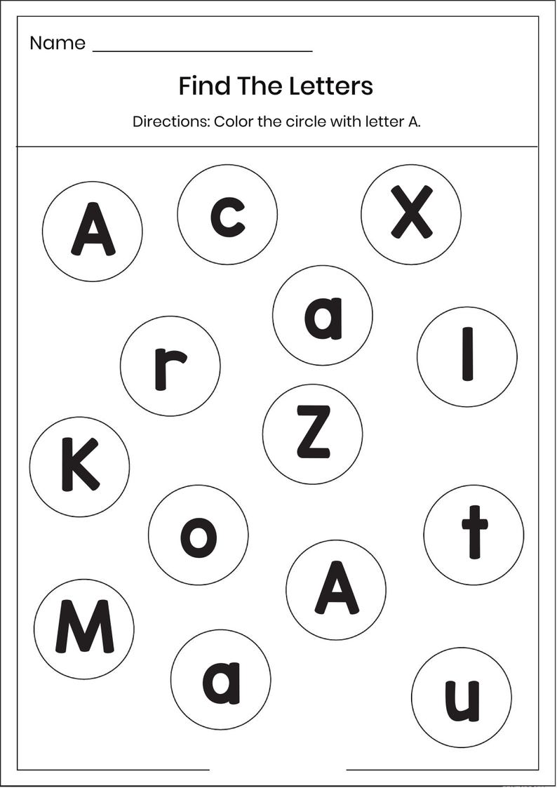 May include: A black and white educational worksheet titled Find The Letters with the instruction Color the circle with letter A. The page features a grid of circles containing various uppercase and lowercase letters including A, C, X, r, a, I, K, Z, t, M, o, A, a, and u.