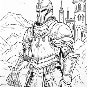 K&ouml;nnte beinhalten: Eine schwarz-wei&szlig;e Strichzeichnung eines Ritters in vollst&auml;ndiger Plattenr&uuml;stung, der vor einer Burg und einem Gebirge steht. Der Ritter tr&auml;gt einen Helm mit einem zentralen Kamm und h&auml;lt ein Schwert. Die R&uuml;stung ist detailliert gezeichnet.
