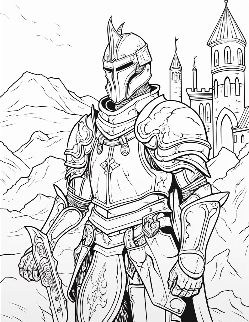 K&ouml;nnte beinhalten: Eine schwarz-wei&szlig;e Strichzeichnung eines Ritters in vollst&auml;ndiger Plattenr&uuml;stung, der vor einer Burg und einem Gebirge steht. Der Ritter tr&auml;gt einen Helm mit einem zentralen Kamm und h&auml;lt ein Schwert. Die R&uuml;stung ist detailliert gezeichnet.