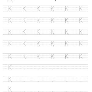 Pode incluir: Uma folha de exerc&iacute;cios educativa em preto e branco para praticar a letra K. A p&aacute;gina apresenta a palavra Key, uma ilustra&ccedil;&atilde;o de uma chave e v&aacute;rias linhas com a letra K em linhas tracejadas para tra&ccedil;ar, incluindo espa&ccedil;os para praticar.