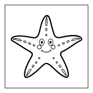 Peut inclure: Un dessin au trait noir et blanc repr&eacute;sentant une &eacute;toile de mer &agrave; cinq branches avec un visage souriant. L'&eacute;toile de mer pr&eacute;sente de grands yeux circulaires, de petites joues roses et une bouche simple courb&eacute;e. Le corps est orn&eacute; de petits cercles.