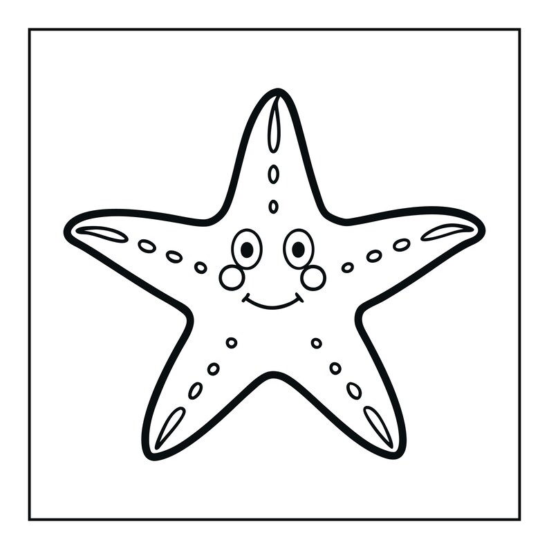 Peut inclure: Un dessin au trait noir et blanc repr&eacute;sentant une &eacute;toile de mer &agrave; cinq branches avec un visage souriant. L'&eacute;toile de mer pr&eacute;sente de grands yeux circulaires, de petites joues roses et une bouche simple courb&eacute;e. Le corps est orn&eacute; de petits cercles.