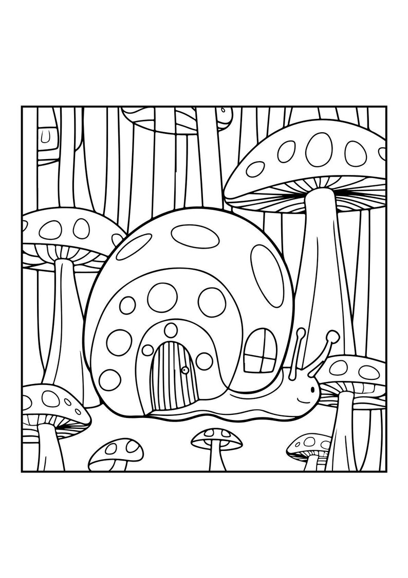 A line art coloring page depicts a snail with a mushroom-shaped shell, featuring a door and window, amidst a forest of tall mushrooms and trees.