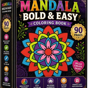 Pu&ograve; includere: Un libro da colorare quadrato intitolato Mandala Bold & Easy con una copertina nera che presenta un grande design mandala multicolore a pi&ugrave; strati. La copertina mostra testo tra cui 90 Pages, Relax Create Enjoy e icone per design audaci, facili da colorare e sollievo dallo stress.