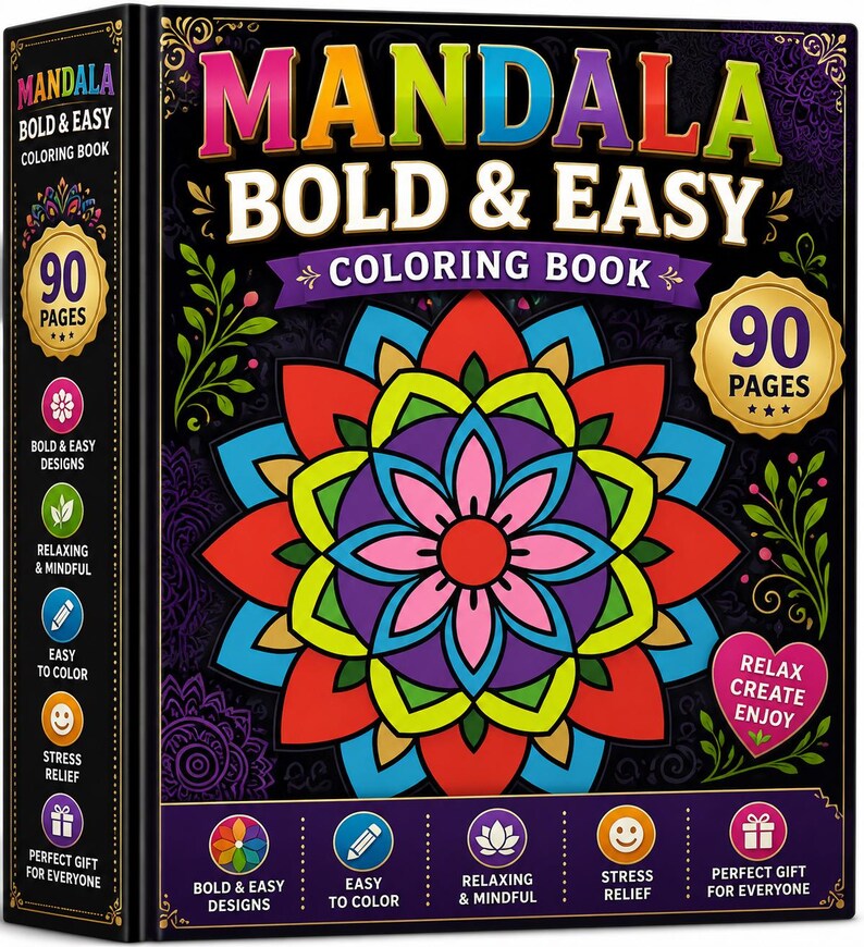 Pu&ograve; includere: Un libro da colorare quadrato intitolato Mandala Bold & Easy con una copertina nera che presenta un grande design mandala multicolore a pi&ugrave; strati. La copertina mostra testo tra cui 90 Pages, Relax Create Enjoy e icone per design audaci, facili da colorare e sollievo dallo stress.