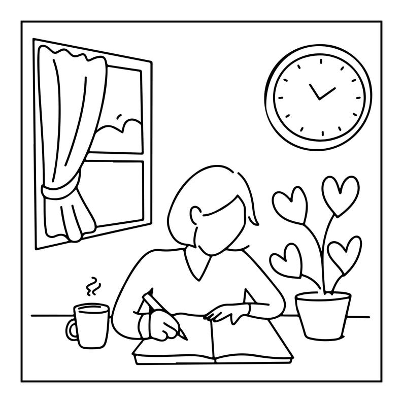 K&ouml;nnte beinhalten: Eine schwarz-wei&szlig;e Strichzeichnung, die eine Person zeigt, die an einem Schreibtisch sitzt und in ein offenes Notizbuch schreibt. Links befinden sich eine dampfende Tasse und ein Fenster mit Vorh&auml;ngen. Rechts steht eine Topfpflanze mit herzf&ouml;rmigen Bl&auml;ttern.