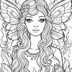 May include: A black and white line art illustration of a person with long wavy hair, wearing a flower in their hair and a necklace with circular pendants. Large, detailed wings extend from behind their shoulders, surrounded by floral motifs.