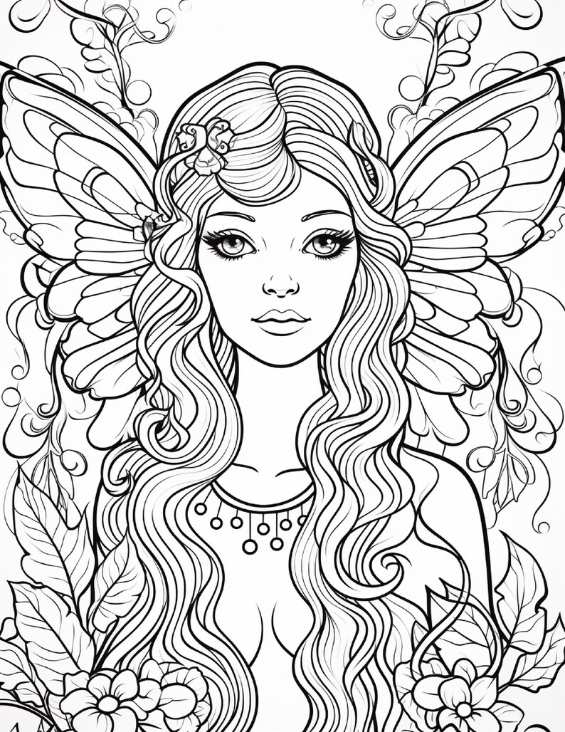 May include: A black and white line art illustration of a person with long wavy hair, wearing a flower in their hair and a necklace with circular pendants. Large, detailed wings extend from behind their shoulders, surrounded by floral motifs.