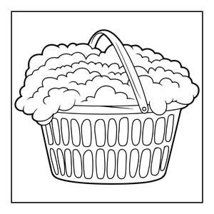 Op de afbeelding: Een zwart-wit lijntekening van een ronde wasmand met &eacute;&eacute;n handvat. De mand is gevuld met een grote, overvolle hoop pluizige, afgeronde zeepsopbellen, weergegeven met eenvoudige gebogen contouren en zonder enige schaduw of arcering.