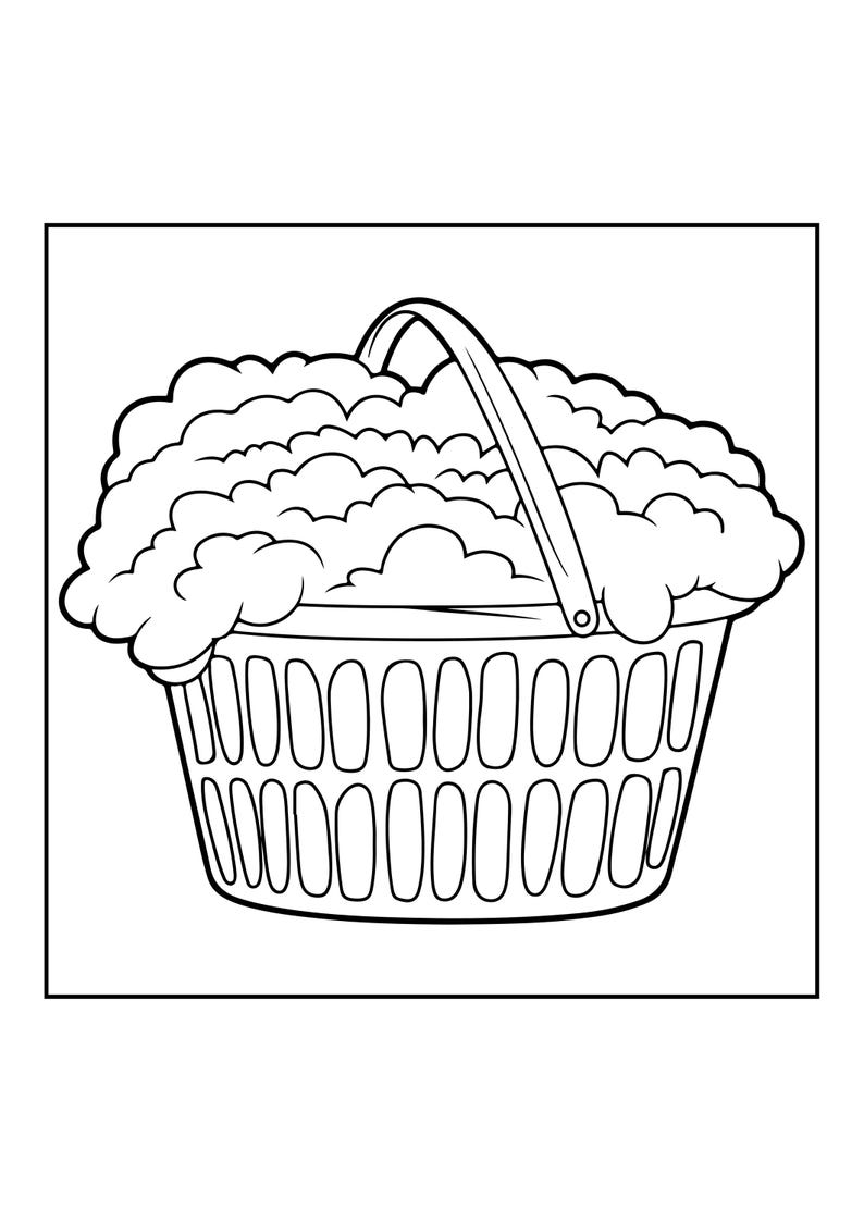 Op de afbeelding: Een zwart-wit lijntekening van een ronde wasmand met &eacute;&eacute;n handvat. De mand is gevuld met een grote, overvolle hoop pluizige, afgeronde zeepsopbellen, weergegeven met eenvoudige gebogen contouren en zonder enige schaduw of arcering.