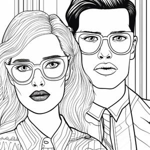 Op de afbeelding: Een zwart-wit lijntekening met twee personen die een bril dragen. De persoon aan de linkerkant heeft golvend haar en een overhemd met kraag, terwijl de persoon aan de rechterkant kort haar, een overhemd met kraag en een stropdas draagt.